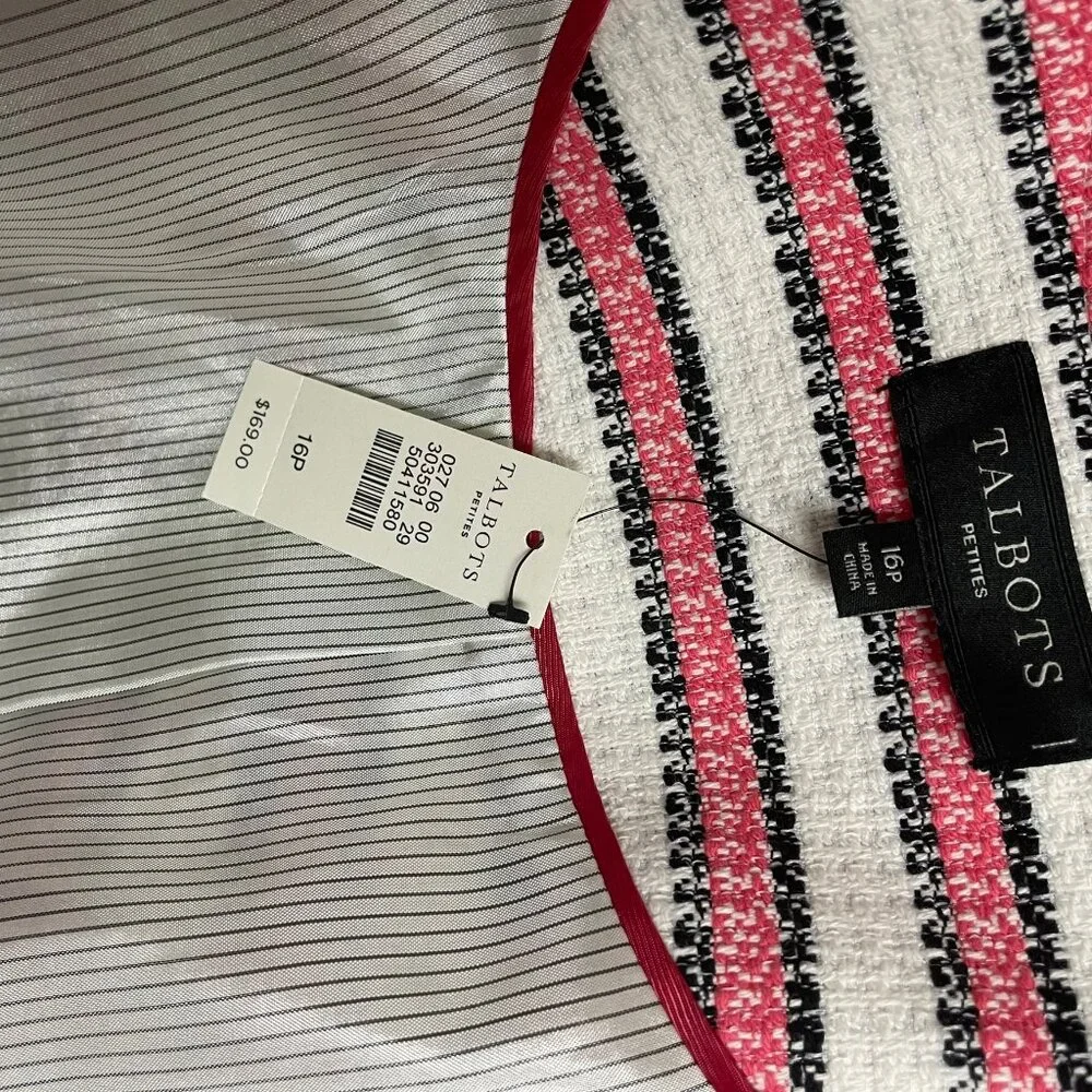 TALBOTS Petites Striped Fringe‎ Tweed Full Zip Blazer Jacket Sz 16P Corpcore